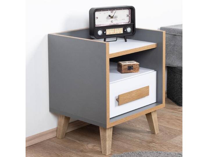 Nachtkästchen Caranx 11, Farbe: Weiß / Eiche / Anthrazit - Abmessungen: 57 x 47 x 42 cm (H x B x T) von easyMÖBEL