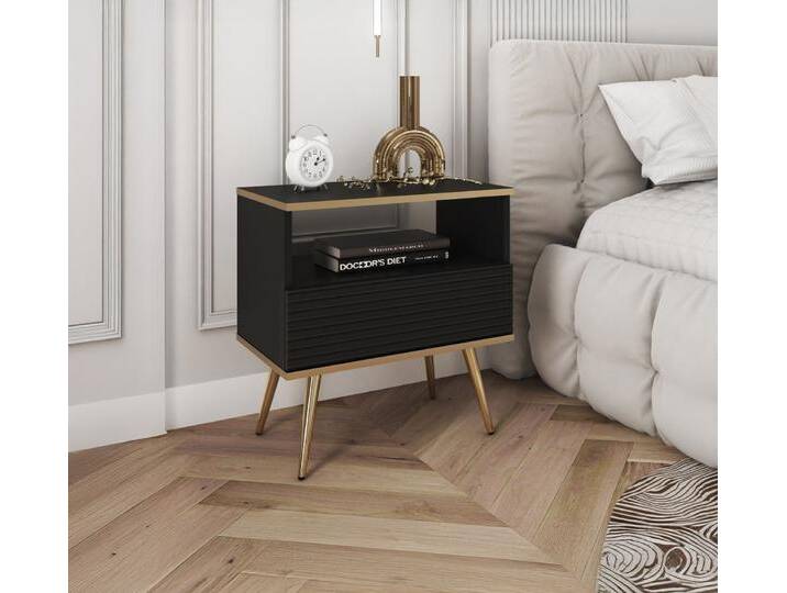 Nachtkommode Nachtschrank Horsham 88 Push-to-open Funktion Schwarz / Gold Akzente eine Schublade ein Fach eckig Zweifarbig kompakt von easyMÖBEL