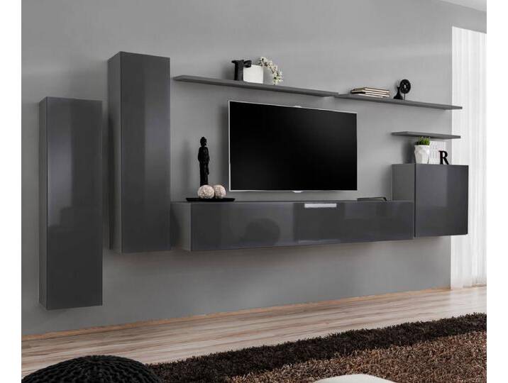 Neutrale Wohnwand Balestrand 03 Grau 160x330x40 cm Modernes Design Viel Stauraum Push-to-Open Grafit Matt & Hochglanz von easyMÖBEL