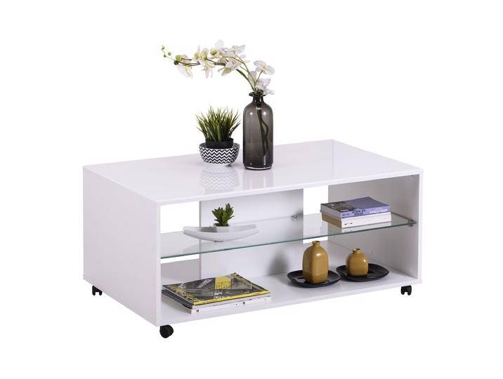 Rollender Couchtisch mit einer Glasablagefläche Sopot 03, vier Rollen, Farbe: Weiß / Weiß Hochglanz, ABS, Maße: 45 x 101 x 60 cm, modernes Design Rollender Couchtisch mit einer Glasablagefläche Sopot 03, vier Rollen, Farbe: Weiß / Weiß Hochglanz, ABS, Maße: 45 x 101 x 60 cm, modernes Design von easyMÖBEL