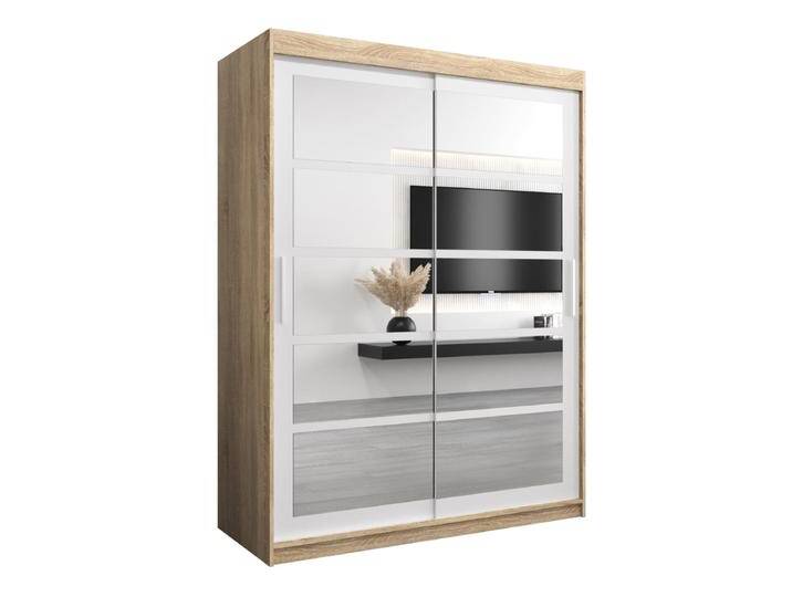 Schiebetürenschrank / Kleiderschrank Aizkorri 03B mit Spiegel, Farbe: Eiche Sonoma / Weiß matt - Abmessungen: 200 x 150 x 62 cm (H x B x T) von easyMÖBEL