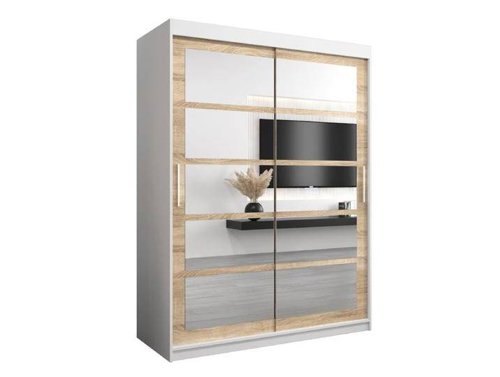 Schiebetürenschrank / Kleiderschrank Aizkorri 03B mit Spiegel, Farbe: Weiß matt / Eiche Sonoma - Abmessungen: 200 x 150 x 62 cm (H x B x T) von easyMÖBEL