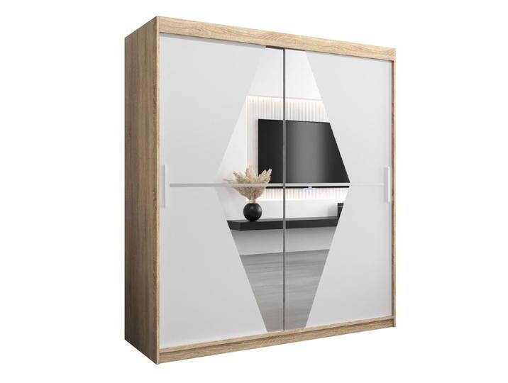 Schiebetürenschrank Alphubel 04 mit Spiegel Eiche Sonoma / Weiß matt 200x180x62 cm Platzsparend & modern Mit Kleiderstange & Einlegeböden von easyMÖBEL