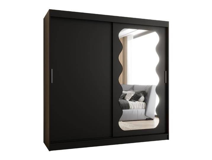 Schiebetürenschrank / Kleiderschrank Bernina 19, Farbe: Schwarz, 2 Meter breit, eine Tür mit Spiegel, 10 Fächer, zwei Kleiderstangen, Aluminiumsch von easyMÖBEL