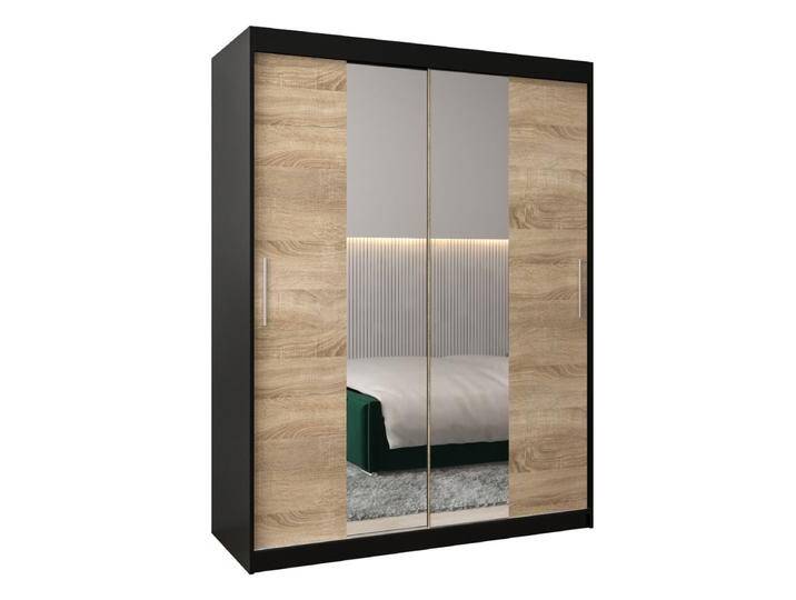 Schiebetürenschrank / Kleiderschrank Bisaurin 3B mit Spiegel, Farbe: Schwarz / Eiche Sonoma - Abmessungen: 200 x 150 x 62 cm ( H x B x T) von easyMÖBEL