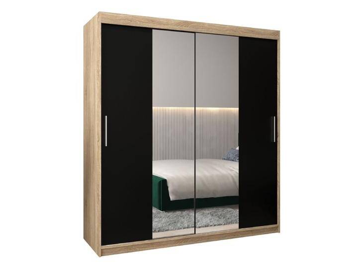 Schiebetürenschrank / Kleiderschrank Bisaurin 4B mit Spiegel, Farbe: Eiche Sonoma / Schwarz - Abmessungen: 200 x 180 x 62 cm ( H x B x T) von easyMÖBEL