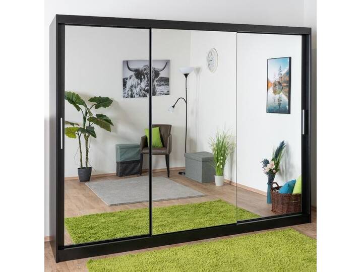Schiebetürenschrank / Kleiderschrank Bisaurin 6D mit Spiegel, Farbe: Schwarz - Abmessungen: 200 x 250 x 62 cm ( H x B x T) von easyMÖBEL