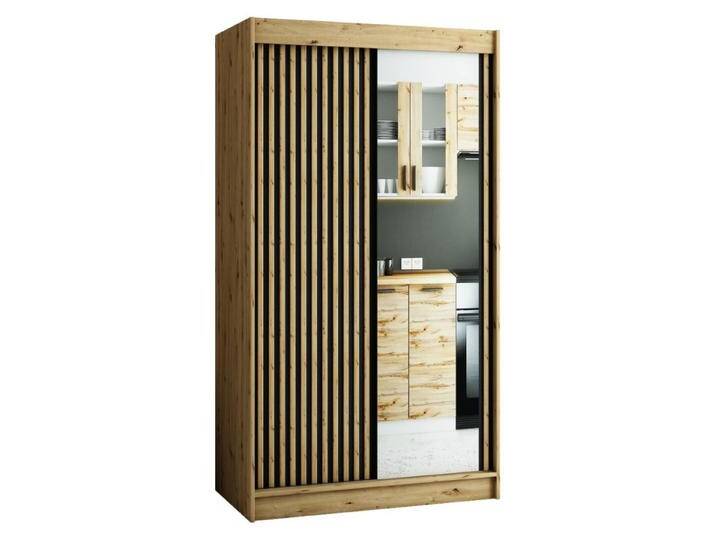 Schiebetürenschrank / Kleiderschrank Borgis 02C mit Spiegel, Farbe: Eiche Artisan / Schwarz matt - Abmessungen: 200 x 120 x 62 cm (H x B x T) von easyMÖBEL