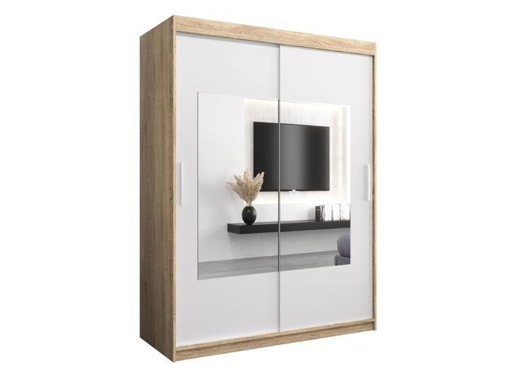 Schiebetürenschrank / Kleiderschrank Claveles 03 mit Spiegel, Farbe: Eiche Sonoma / Weiß matt - Abmessungen: 200 x 150 x 62 cm ( H x B x T) von easyMÖBEL