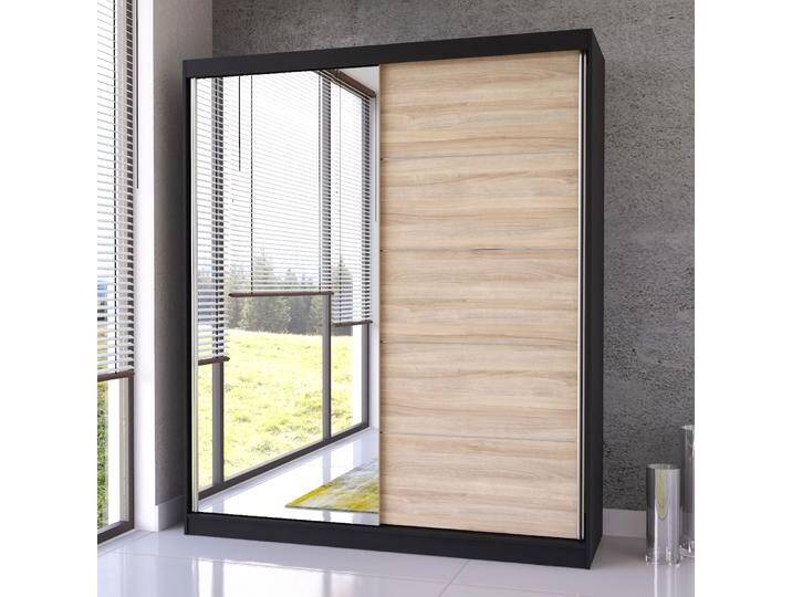 Schiebetürenschrank / Kleiderschrank Cuillin 12 Eiche / Schwarz mit Spiegel 6 Fächer 2 Türen 218 x 183 x 61 cm Korpus in Holzoptik Schiebetürenschrank / Kleiderschrank Cuillin 12 Eiche / Schwarz mit Spiegel 6 Fächer 2 Türen 218 x 183 x 61 cm Korpus in Holzoptik von easyMÖBEL