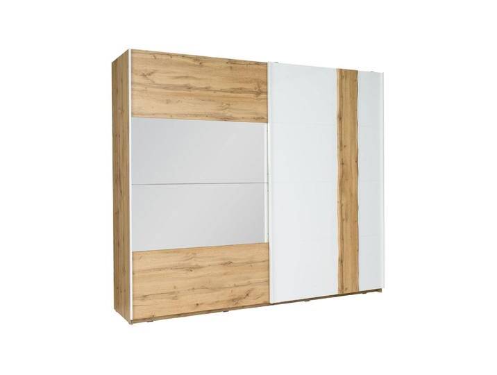 Schiebetürenschrank / Kleiderschrank Gavdos 01, Farbe: Eiche / Weiß Hochglanz - Abmessungen: 218 x 200 x 67 cm (H x B x T) von easyMÖBEL