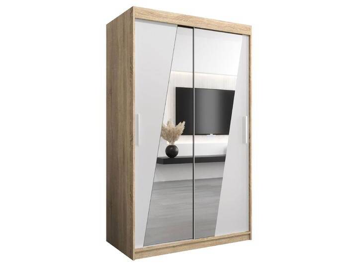 Schiebetürenschrank / Kleiderschrank Guajara 02 mit Spiegel, Farbe: Eiche Sonoma / Weiß matt - Abmessungen: 200 x 120 x 62 cm (H x B x T) von easyMÖBEL