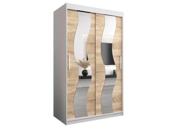 Schiebetürenschrank / Kleiderschrank Hacho 02 mit Spiegel, Farbe: Weiß matt / Eiche Sonoma - Abmessungen: 200 x 120 x 62 cm ( H x B x T) von easyMÖBEL