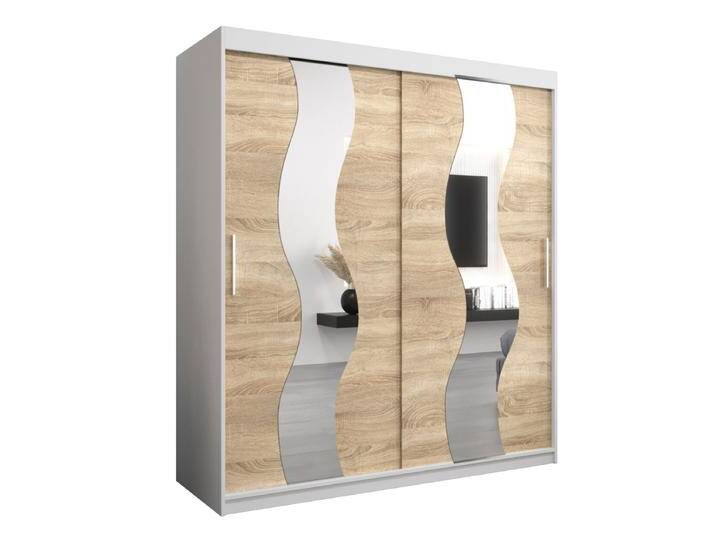 Schiebetürenschrank Hacho 04 mit Spiegel Weiß matt & Eiche Sonoma 200x180x62 cm platzsparend & modern mit Einlegeböden und Kleiderstangen von easyMÖBEL