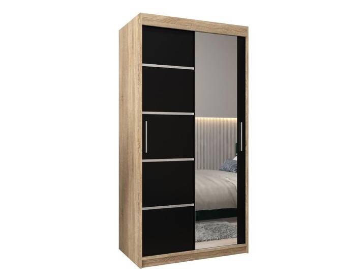 Schiebetürenschrank / Kleiderschrank Jan 01B mit Spiegel, Farbe: Eiche Sonoma / Schwarz - Abmessungen: 200 x 100 x 62 cm ( H x B x T) von easyMÖBEL