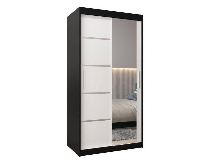 Schiebetürenschrank / Kleiderschrank Jan 01B mit Spiegel, Farbe: Schwarz / Weiß matt - Abmessungen: 200 x 100 x 62 cm ( H x B x T) von easyMÖBEL