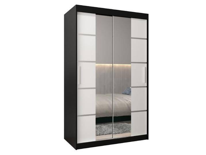 Schiebetürenschrank / Kleiderschrank Jan 02D mit Spiegel, Farbe: Schwarz / Weiß matt - Abmessungen: 200 x 120 x 62 cm (H x B x T) von easyMÖBEL