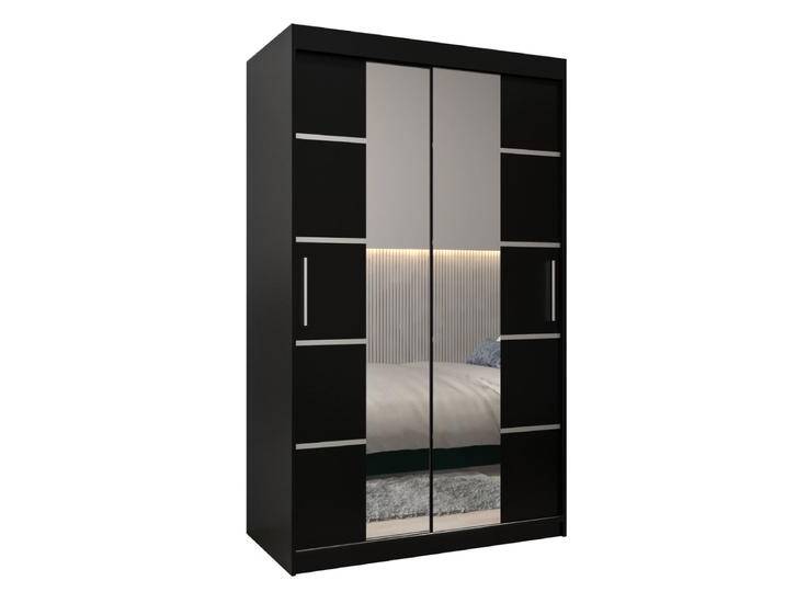 Schiebetürenschrank / Kleiderschrank Jan 02D mit Spiegel, Farbe: Schwarz - Abmessungen: 200 x 120 x 62 cm (H x B x T) von easyMÖBEL