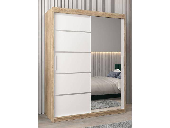 Schiebetürenschrank / Kleiderschrank Jan 03B mit Spiegel, Farbe: Eiche Sonoma / Weiß matt - Abmessungen: 200 x 150 x 62 cm ( H x B x T) von easyMÖBEL