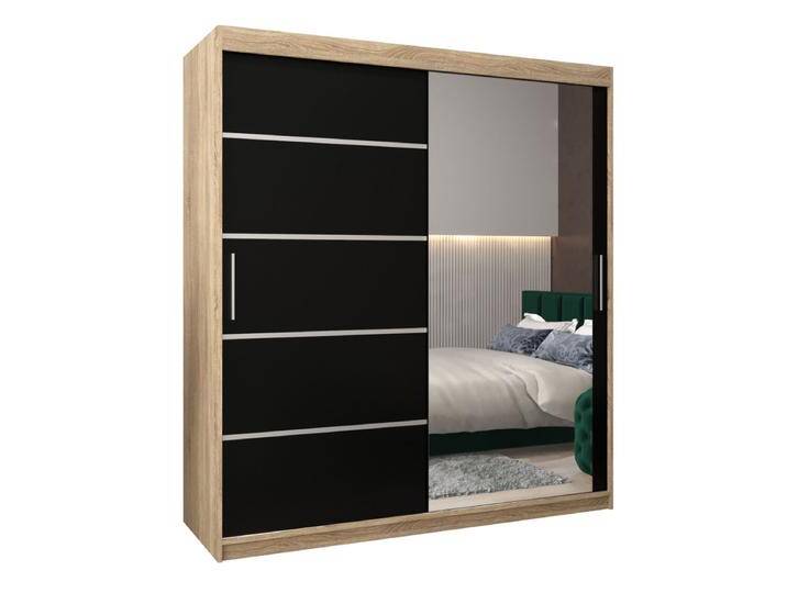 Schiebetürenschrank Jan 04B mit Spiegel Eiche Sonoma/Schwarz 200x180x62 cm Platzsparend & Modern 2 Schiebetüren Viel Stauraum von easyMÖBEL