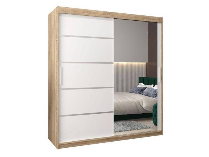 Schiebetürenschrank / Kleiderschrank Jan 04B mit Spiegel, Farbe: Eiche Sonoma / Weiß Matt - Abmessungen: 200 x 180 x 62 cm ( H x B x T) von easyMÖBEL