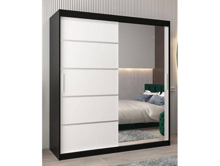 Schiebetürenschrank Jan 04B mit Spiegel Kleiderschrank Schwarz/Weiß matt 200x180x62 cm Modernes Design 2 Schiebetüren 8 Einlegeböden von easyMÖBEL