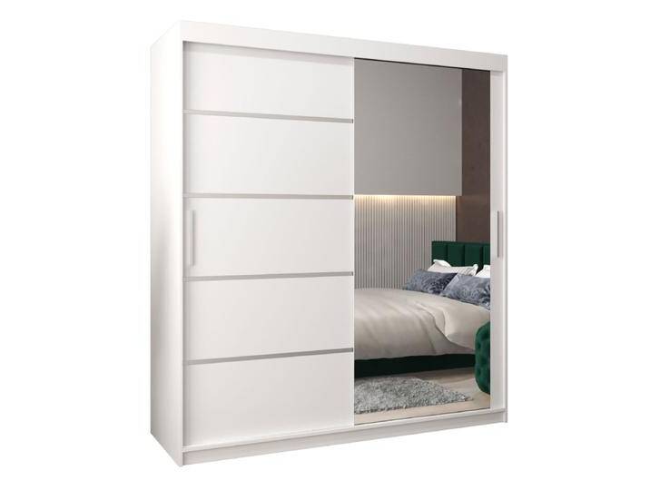 Schiebetürenschrank / Kleiderschrank Jan 04B mit Spiegel, Farbe: Weiß matt - Abmessungen: 200 x 180 x 62 cm ( H x B x T) von easyMÖBEL