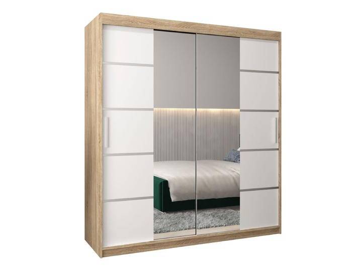 Schiebetürenschrank / Kleiderschrank Jan 04D mit Spiegel, Farbe: Eiche Sonoma / Weiß matt - Abmessungen: 200 x 180 x 62 cm (H x B x T) von easyMÖBEL