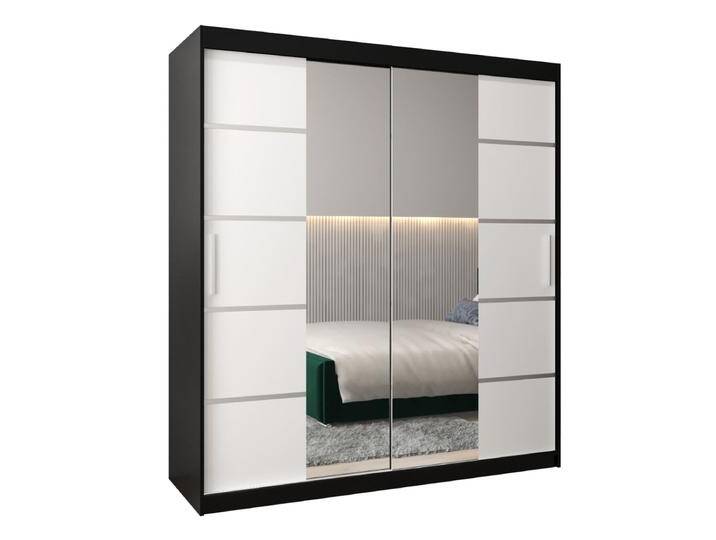Schiebetürenschrank / Kleiderschrank Jan 04D mit Spiegel, Farbe: Schwarz / Weiß matt - Abmessungen: 200 x 180 x 62 cm (H x B x T) von easyMÖBEL