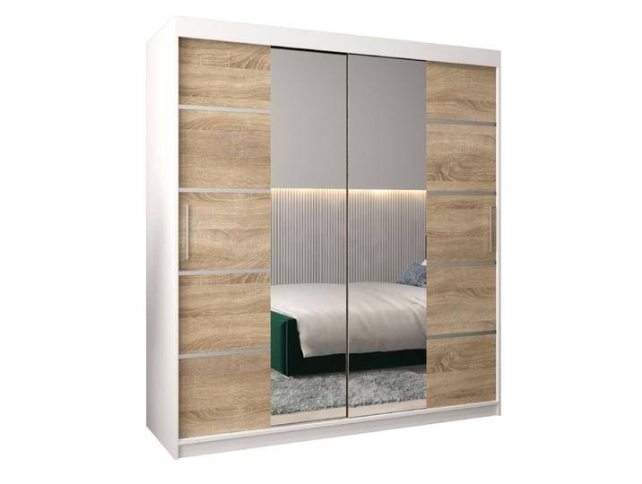 Schiebetürenschrank / Kleiderschrank Jan 04D mit Spiegel, Farbe: Weiß matt / Eiche Sonoma - Abmessungen: 200 x 180 x 62 cm (H x B x T) von easyMÖBEL