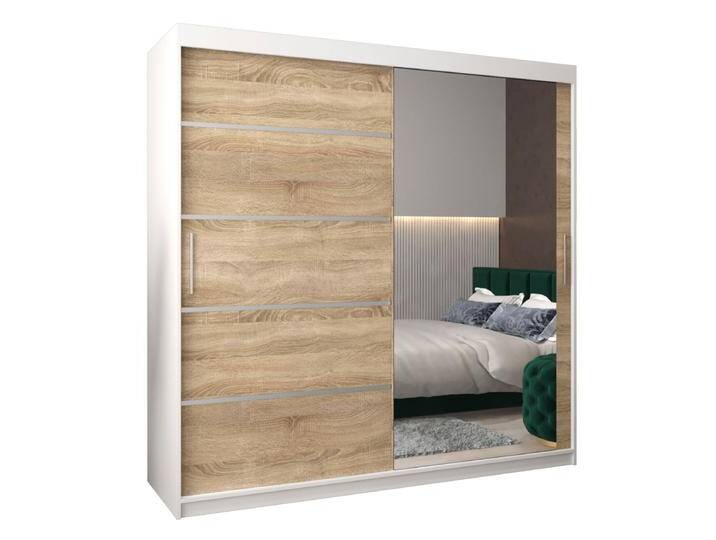 Schiebetürenschrank / Kleiderschrank Jan 05B mit Spiegel, Farbe: Weiß matt / Eiche Sonoma - Abmessungen: 200 x 200 x 62 cm ( H x B x T) von easyMÖBEL
