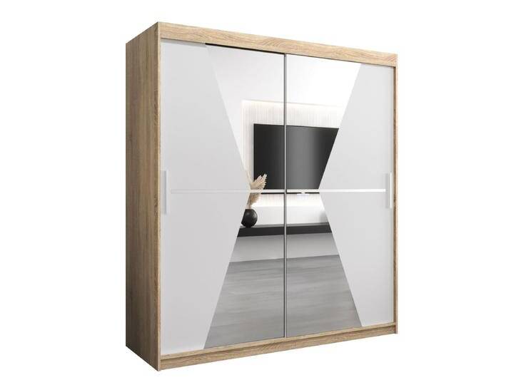 Schiebetürenschrank / Kleiderschrank Naranco 04 mit Spiegel, Farbe: Eiche Sonoma / Weiß matt - Abmessungen: 200 x 180 x 62 cm ( H x B x T ) von easyMÖBEL