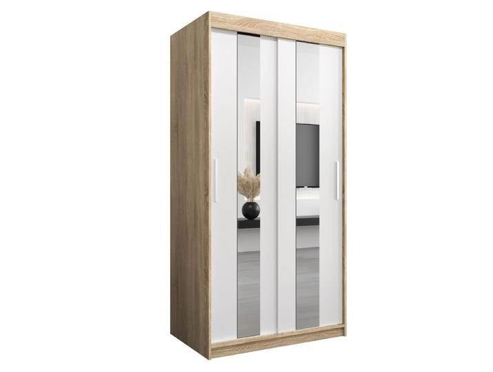 Schiebetürenschrank / Kleiderschrank Polos 01 mit Spiegel, Farbe: Eiche Sonoma / Weiß matt - Abmessungen: 200 x 100 x 62 cm (H x B x T) von easyMÖBEL