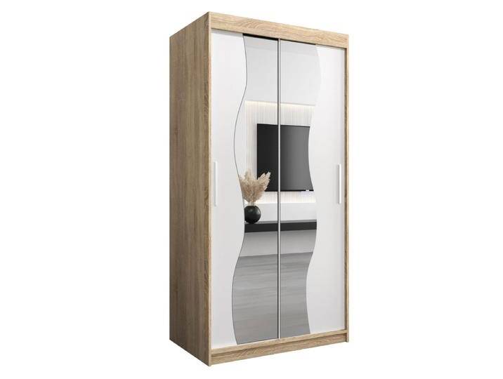 Schiebetürenschrank / Kleiderschrank Robinyera 01 mit Spiegel, Farbe: Eiche Sonoma / Weiß matt - Abmessungen: 200 x 100 x 62 cm ( H x B x T) von easyMÖBEL