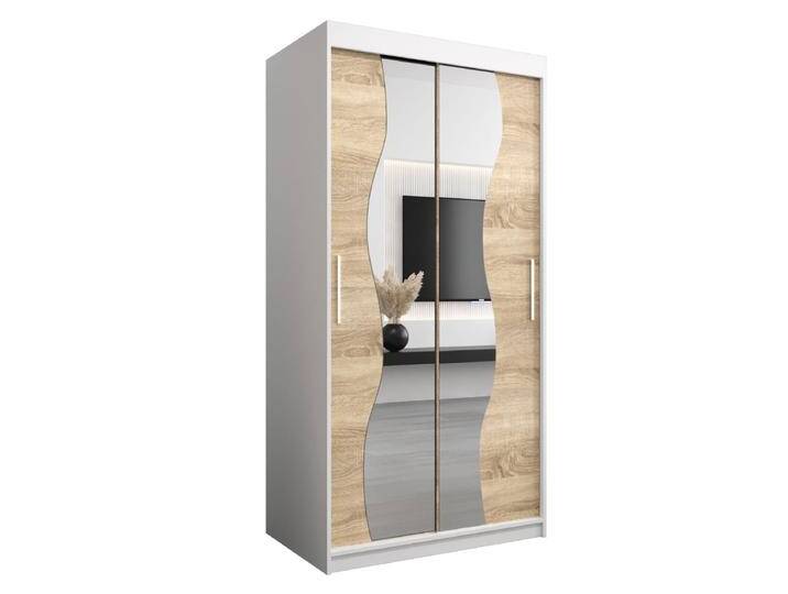Schiebetürenschrank Robinyera 01 mit Spiegel Weiß matt & Eiche Sonoma 200x100x62 cm Modernes Design Viel Stauraum Elegante Farbkombinatio von elegante