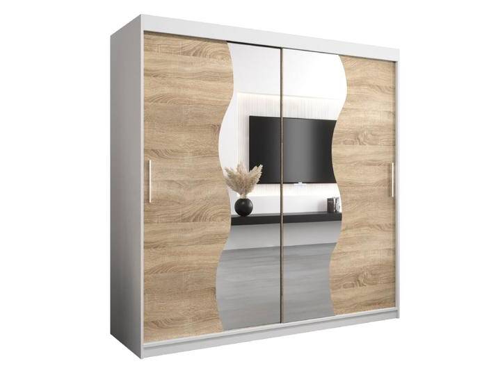 Schiebetürenschrank / Kleiderschrank Robinyera 05 mit Spiegel, Farbe: Weiß matt / Eiche Sonoma - Abmessungen: 200 x 200 x 62 cm ( H x B x T) von easyMÖBEL