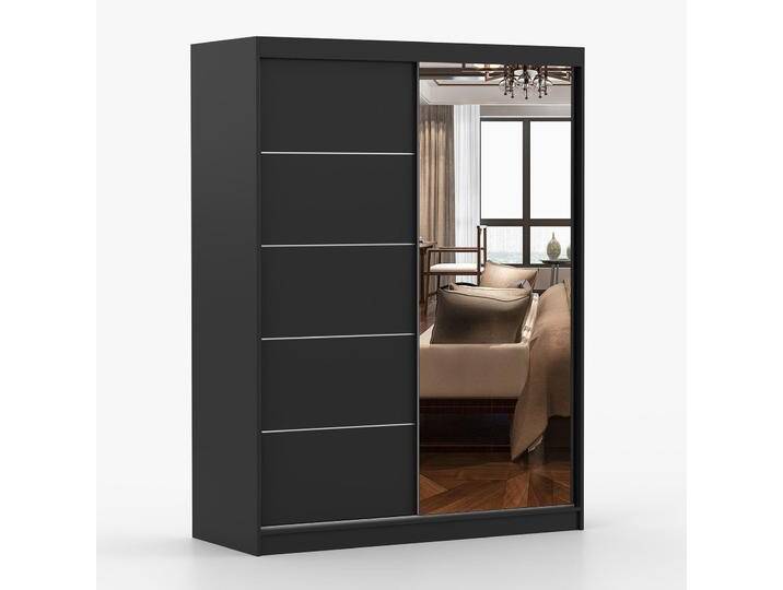 Schiebetürenschrank / Kleiderschrank Spiegel 200 x 150 x 61 cm Schwarz Bucegi 32 2 Türen 6 Fächer Griffe: Aluminium Kleiderstange von easyMÖBEL
