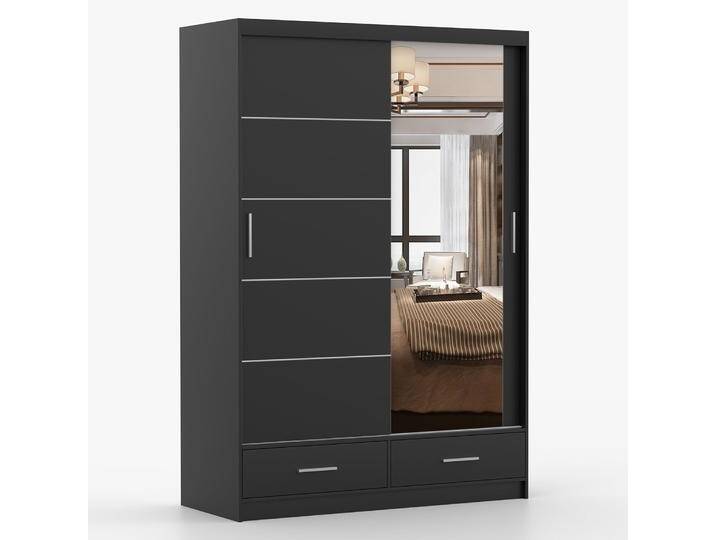 Schiebetürenschrank / Kleiderschrank mit Spiegel 218 x 150 x 61 cm Schwarz Lusatian 13 2 Türen 2 Schubladen 6 Fächer viel Stauraum Schiebetürenschrank / Kleiderschrank mit Spiegel 218 x 150 x 61 cm Schwarz Lusatian 13 2 Türen 2 Schubladen 6 Fächer viel Stauraum von easyMÖBEL
