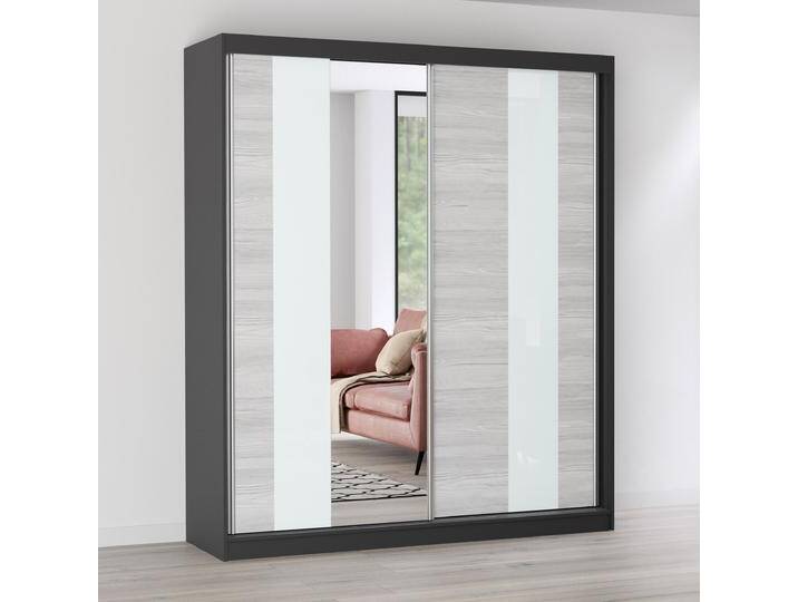 Schiebetürenschrank / Kleiderschrank mit Spiegel 218 x 183 x 61 cm Grau-Weiß / Schwarz Gorski 08 2 Türen 6 Fächer reichlich Stauraum von easyMÖBEL