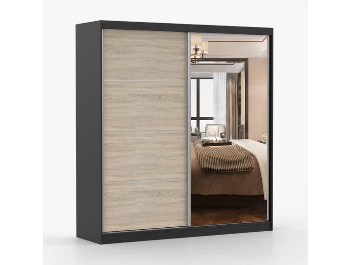 Schiebetürenschrank / Kleiderschrank mit Spiegel 218 x 203 x 61 cm Eiche / Schwarz Gorski 28 2 Türen 6 Fächer viel Stauraum eckig Schiebetürenschrank / Kleiderschrank mit Spiegel 218 x 203 x 61 cm Eiche / Schwarz Gorski 28 2 Türen 6 Fächer viel Stauraum eckig von easyMÖBEL