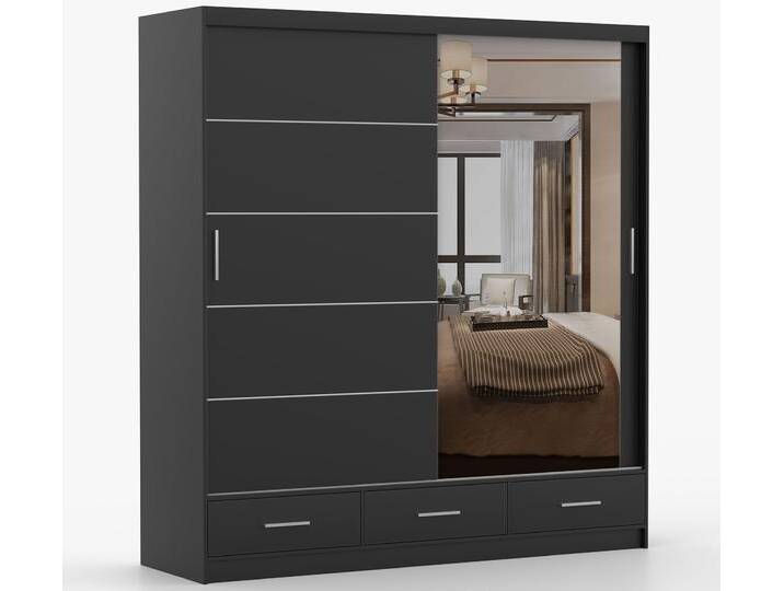 Schiebetürenschrank / Kleiderschrank mit Spiegel Schwarz Lusatian 26 218 x 203 x 61 cm 2 Türen 3 Schubladen 12 Fächer viel Stauraum Schiebetürenschrank / Kleiderschrank mit Spiegel Schwarz Lusatian 26 218 x 203 x 61 cm 2 Türen 3 Schubladen 12 Fächer viel Stauraum von easyMÖBEL