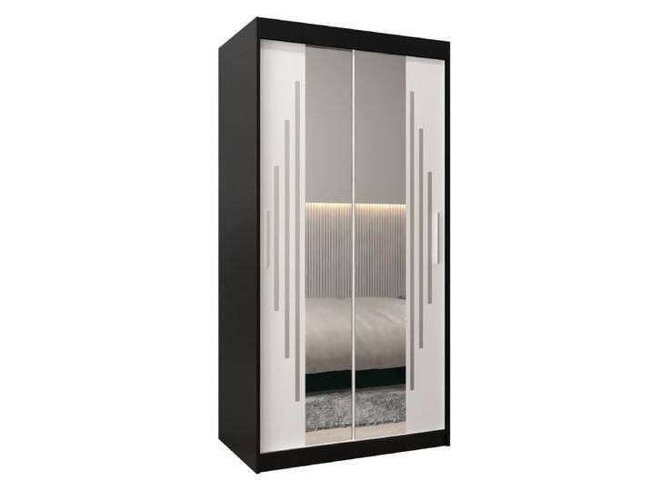 Schiebetürenschrank / Kleiderschrank mit Spiegel Tomlis 01A, Farbe: Schwarz / Weiß matt - Abmessungen: 200 x 100 x 62 cm (H x B x T) von easyMÖBEL