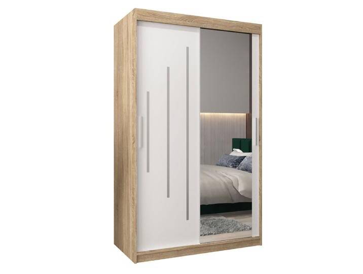 Schiebetürenschrank / Kleiderschrank mit Spiegel Tomlis 02B, Farbe: Eiche Sonoma / Weiß matt - Abmessungen: 200 x 120 x 62 cm (H x B x T) von easyMÖBEL