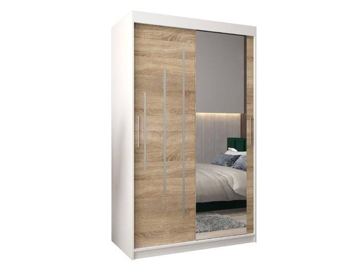 Schiebetürenschrank / Kleiderschrank mit Spiegel Tomlis 02B, Farbe: Weiß matt / Eiche Sonoma - Abmessungen: 200 x 120 x 62 cm (H x B x T) von easyMÖBEL