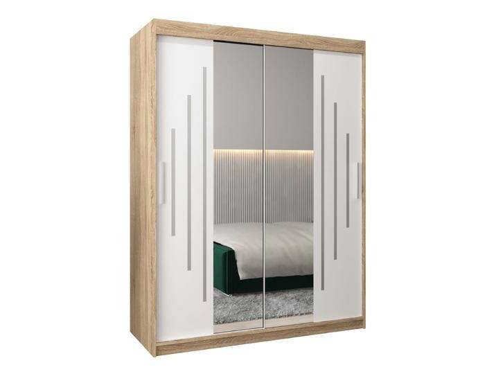 Schiebetürenschrank / Kleiderschrank mit Spiegel Tomlis 03A, Farbe: Eiche Sonoma / Weiß matt - Abmessungen: 200 x 150 x 62 cm (H x B x T) von easyMÖBEL