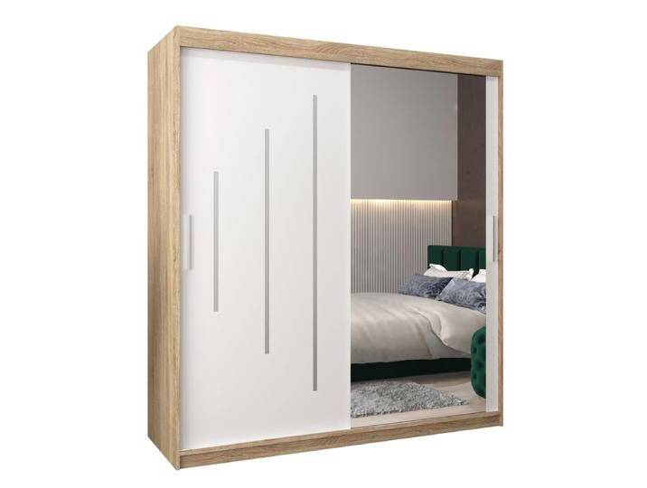Schiebetürenschrank / Kleiderschrank mit Spiegel Tomlis 04B, Farbe: Eiche Sonoma / Weiß matt - Abmessungen: 200 x 180 x 62 cm (H x B x T) von easyMÖBEL