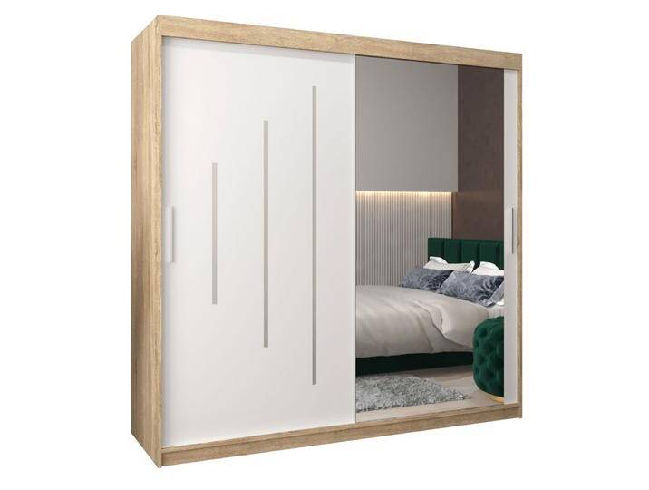 Schiebetürenschrank / Kleiderschrank mit Spiegel Tomlis 05B, Farbe: Eiche Sonoma / Weiß matt - Abmessungen: 200 x 200 x 62 cm (H x B x T) von easyMÖBEL