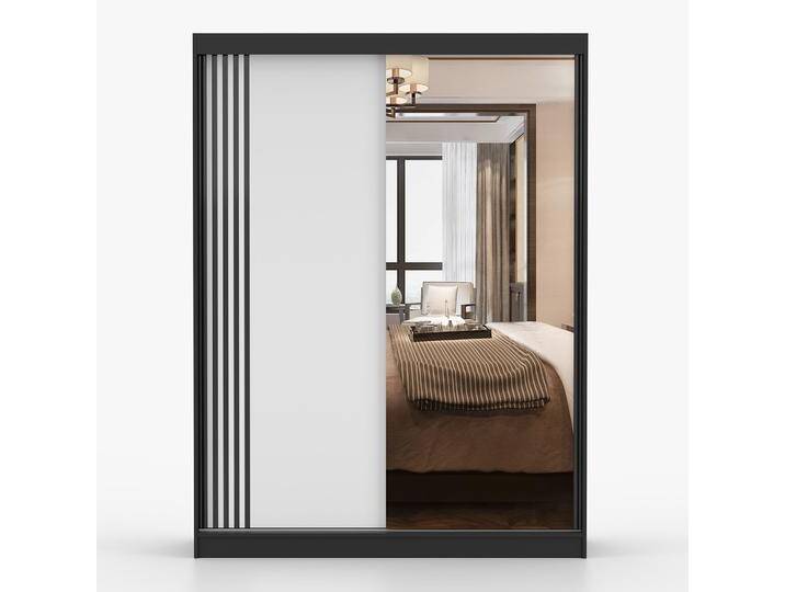Schiebetürenschrank / Kleiderschrank mit Spiegel Weiß / Schwarz Bucegi 35 200 x 150 x 61 cm 2 Türen 6 Fächer 1 Kleiderstange Schiebetürenschrank / Kleiderschrank mit Spiegel Weiß / Schwarz Bucegi 35 200 x 150 x 61 cm 2 Türen 6 Fächer 1 Kleiderstange von easyMÖBEL