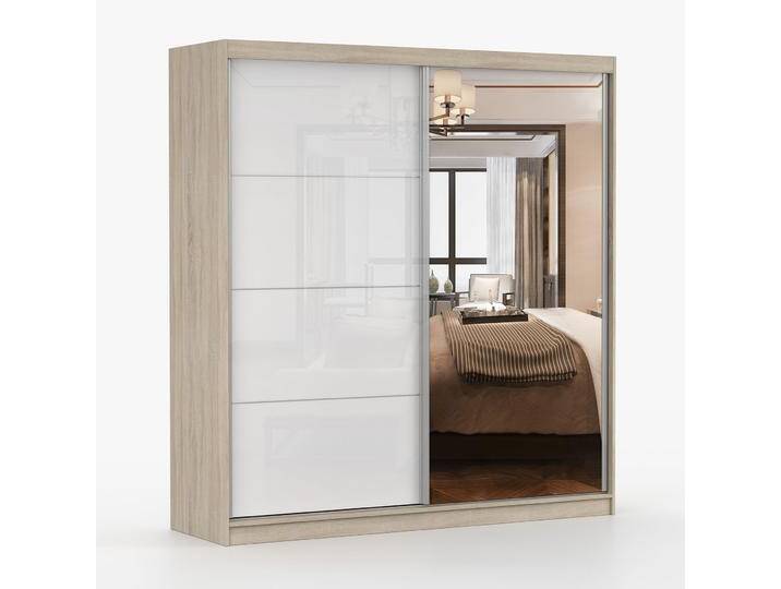 Schiebetürenschrank / Kleiderschrank mit Spiegel Weiß / Sonoma Eiche Sredna 08 218 x 203 x 61 cm 2 Türen 7 Fächer 3 Schubladen von easyMÖBEL