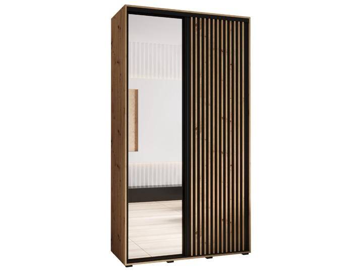 Schiebetürenschrank Mina mit Spiegel, in Schwarz/Eiche, auch für Wohnzimmer geeignet, Anti Staubbürsten, Metallgriffe in schwarz, 235,2 x 130 x 60 von easyMÖBEL